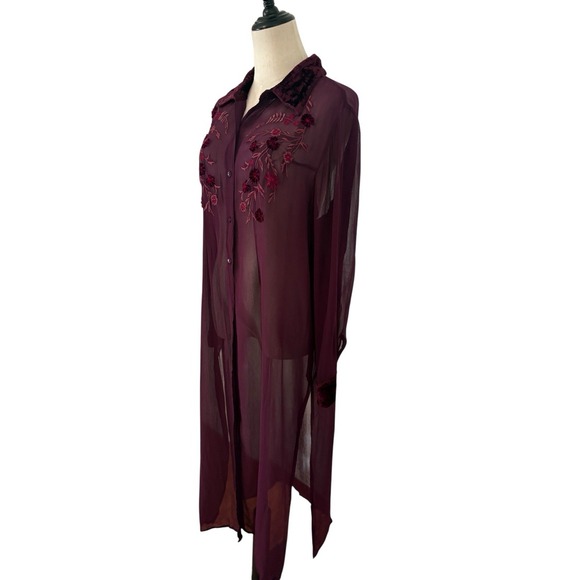 Vtg 90s Fashion Bug Sheer Purple Duster Embroidered Velvet Collar Sz L Boho - Picture 5 of 8